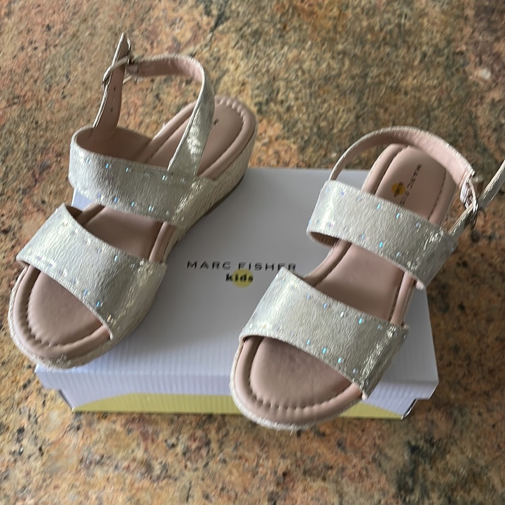 New Marc Fisher Kids soft Gold and Diamond trim wedge sandal. Adjustable straps.